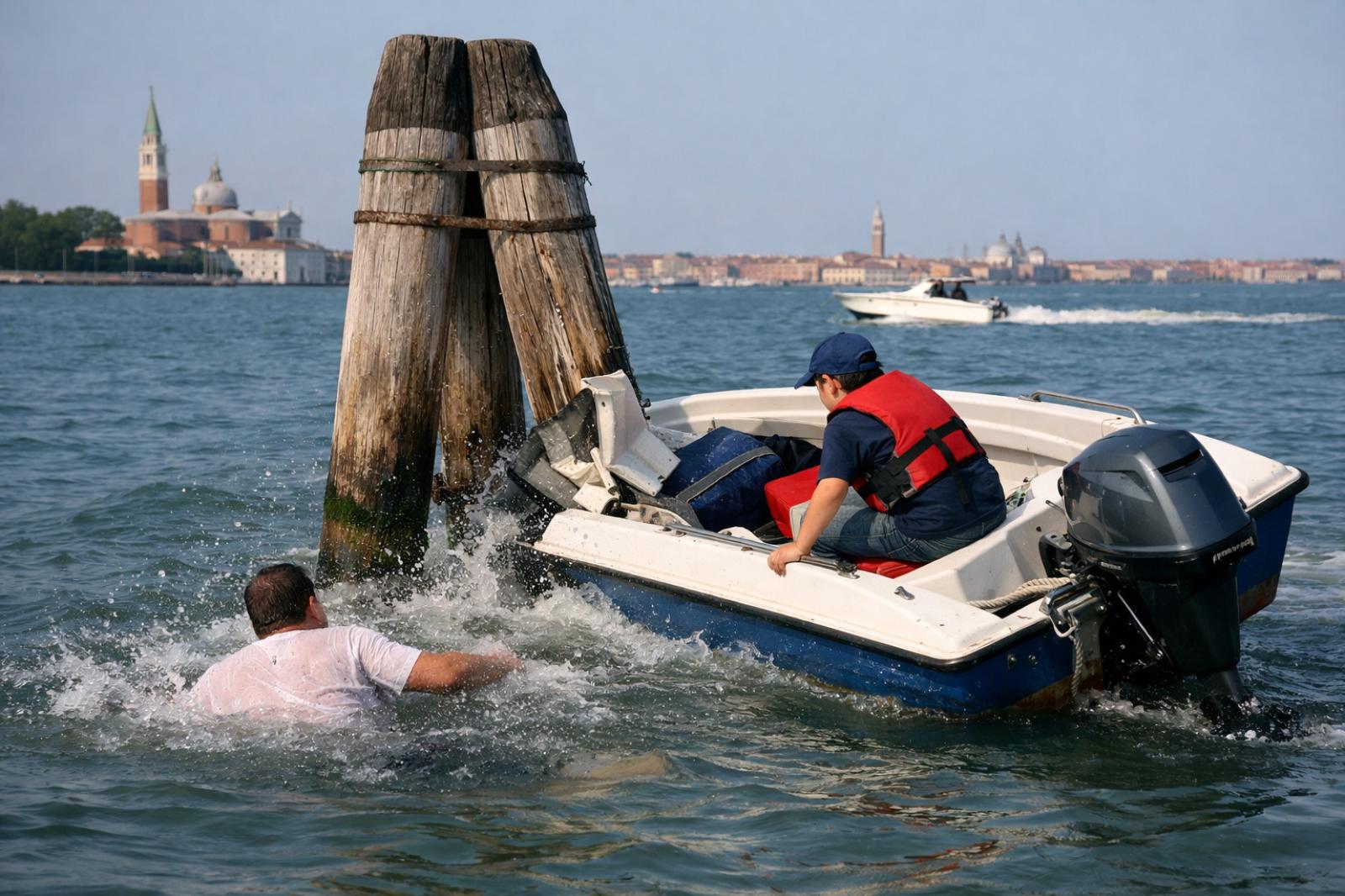 Padre ferito dopo lo schianto del barchino contro una briccola in laguna: figlio illeso, paura al tramonto